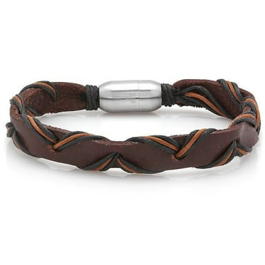 8.5 inch Long INOX Mens Single Brown Braided Leather Bracelet with Stainless Steel Clasp 